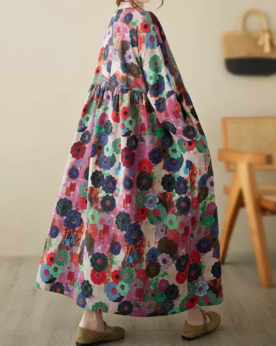 Flower Print Pockets Split-Joint Long Sleeves Loose Round-Neck Midi Dresses