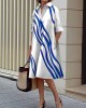 Loose Three-Quarter Sleeves Buttoned Striped Lapel Collar Midi Dresses