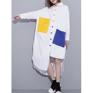 Long Sleeves Loose Asymmetric Buttoned Contrast Color Pockets Lapel Midi Dresses Shirt Dress