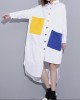 Long Sleeves Loose Asymmetric Buttoned Contrast Color Pockets Lapel Midi Dresses Shirt Dress