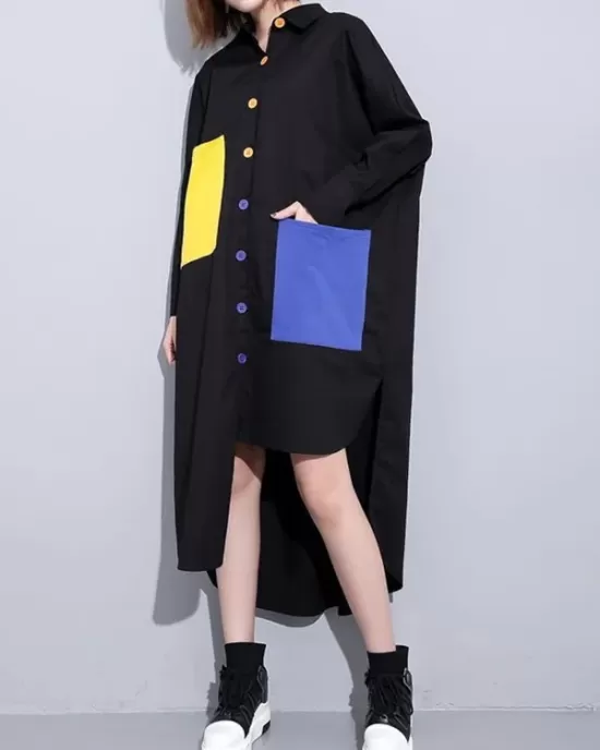 Long Sleeves Loose Asymmetric Buttoned Contrast Color Pockets Lapel Midi Dresses Shirt Dress