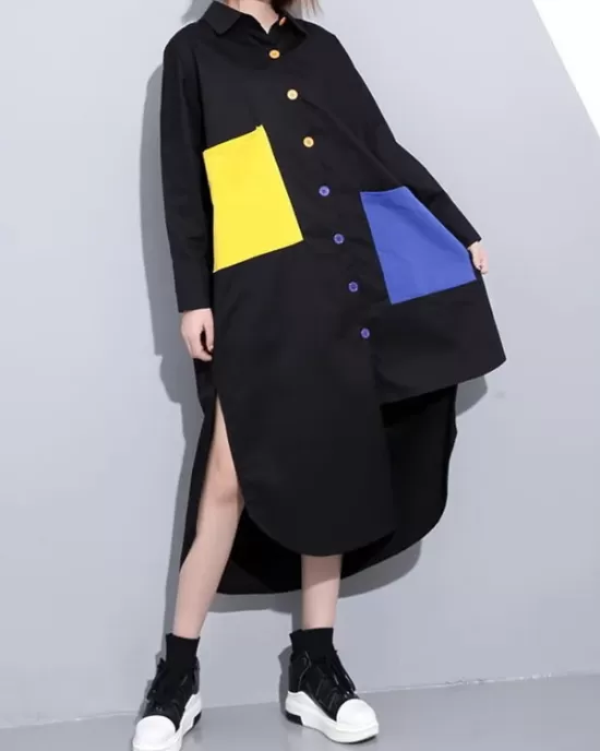 Long Sleeves Loose Asymmetric Buttoned Contrast Color Pockets Lapel Midi Dresses Shirt Dress