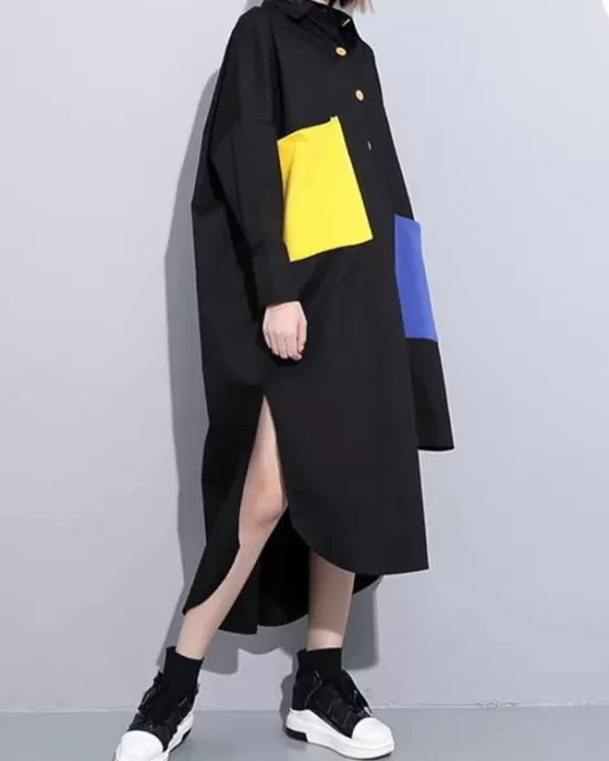 Long Sleeves Loose Asymmetric Buttoned Contrast Color Pockets Lapel Midi Dresses Shirt Dress