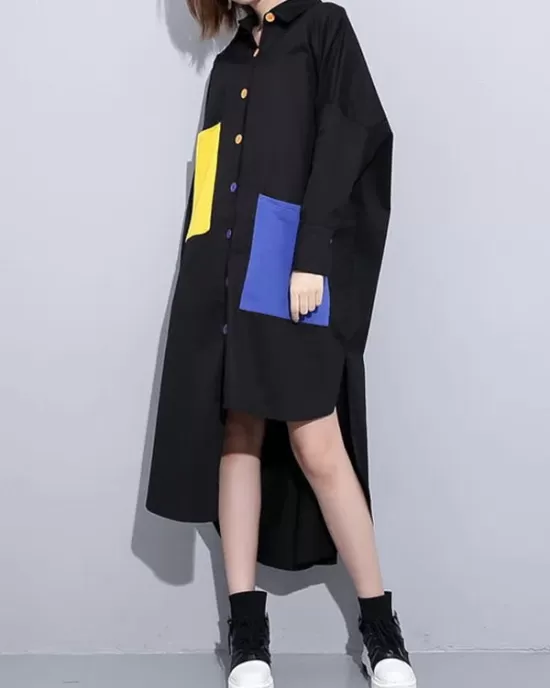 Long Sleeves Loose Asymmetric Buttoned Contrast Color Pockets Lapel Midi Dresses Shirt Dress