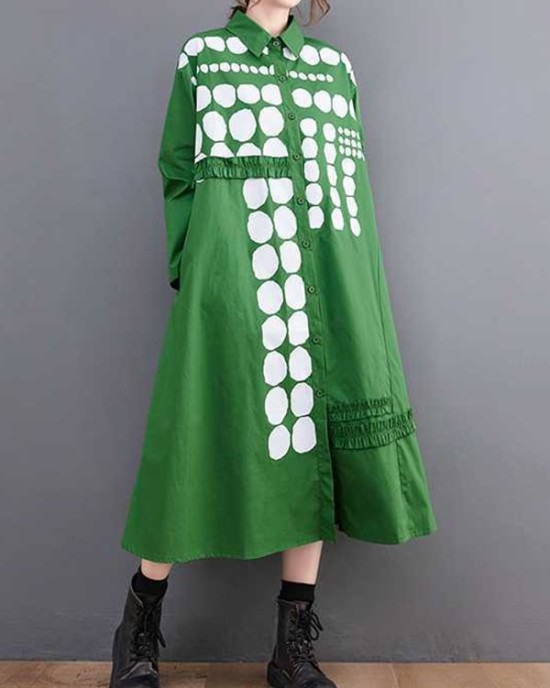 Asymmetric Buttoned Polka-Dot A-Line Long Sleeves Lapel Midi Dresses