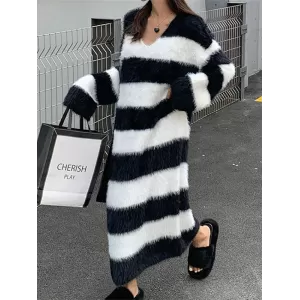 Striped Long Sleeves Loose V-Neck Midi Dresses Knit Dresses