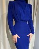 Pleated Solid Color High Waisted Long Sleeves Mock Neck Midi Dresses