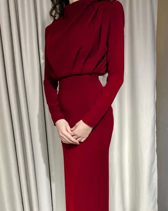 Pleated Solid Color High Waisted Long Sleeves Mock Neck Midi Dresses