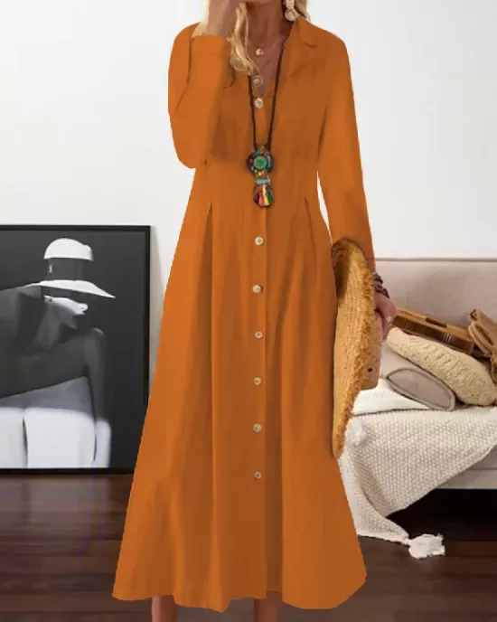 Long Sleeves Loose Pleated Lapel Midi Dresses Shirt Dress