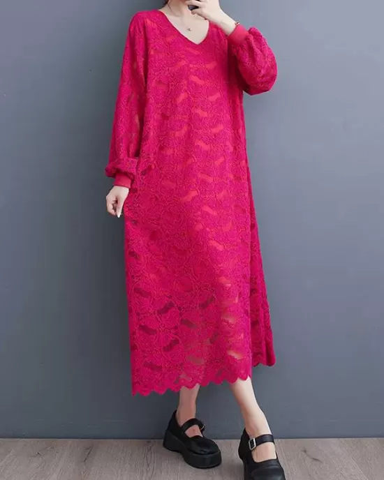 Jacquard Bishop Sleeve Long Sleeves V-Neck Midi Dresses