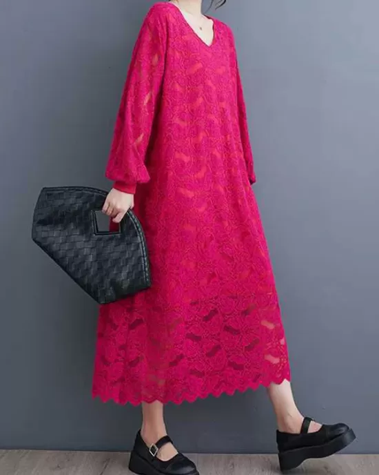 Jacquard Bishop Sleeve Long Sleeves V-Neck Midi Dresses