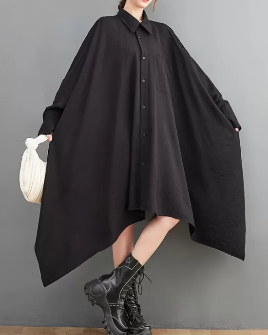 Asymmetric Buttoned Pockets Solid Color A-Line High-Low Lapel Shirt Dress Midi Dresses