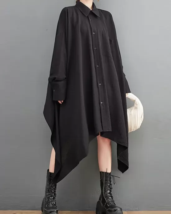 Asymmetric Buttoned Pockets Solid Color A-Line High-Low Lapel Shirt Dress Midi Dresses