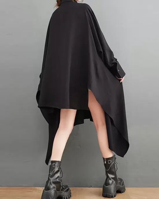 Asymmetric Buttoned Pockets Solid Color A-Line High-Low Lapel Shirt Dress Midi Dresses