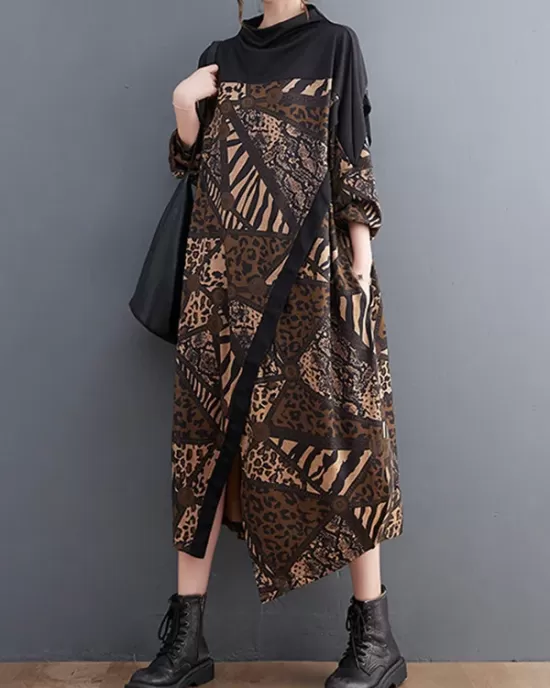 Asymmetric Printed Split-Front Split-Joint Long Sleeves Loose Mock Neck Midi Dresses