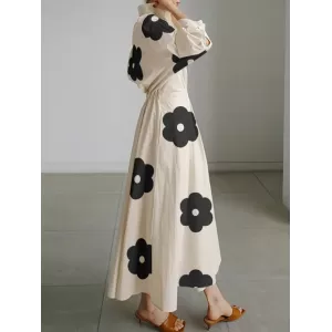 Long Sleeves Loose Contrast Color Floral Printed Pleated Tied Waist Lapel Shirt Dress