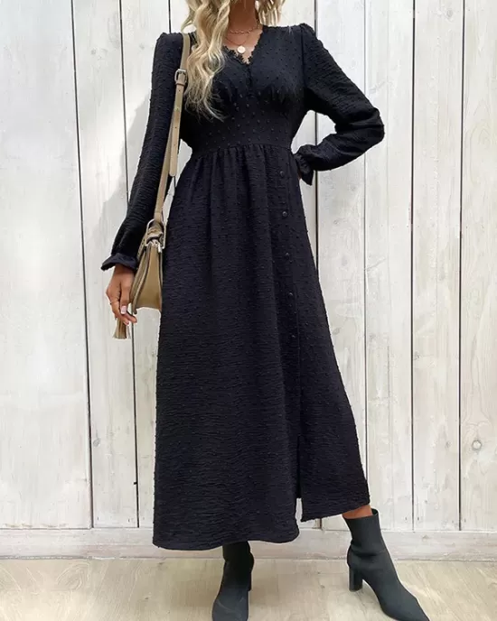 Buttoned Elasticity Solid Color Split-Side A-Line Long Sleeves V-Neck Midi Dresses