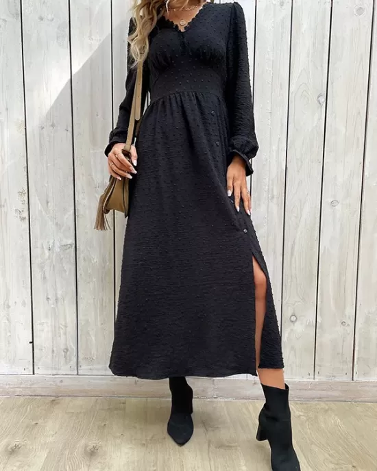 Buttoned Elasticity Solid Color Split-Side A-Line Long Sleeves V-Neck Midi Dresses