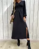 Buttoned Elasticity Solid Color Split-Side A-Line Long Sleeves V-Neck Midi Dresses