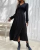 Buttoned Elasticity Solid Color Split-Side A-Line Long Sleeves V-Neck Midi Dresses