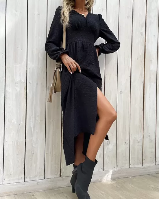 Buttoned Elasticity Solid Color Split-Side A-Line Long Sleeves V-Neck Midi Dresses