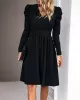 Pleated Solid Color Split-Joint Puff Sleeves Skinny V-Neck Midi Dresses