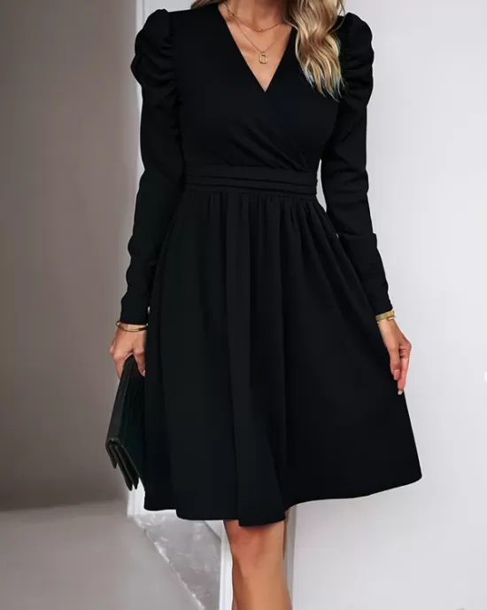 Pleated Solid Color Split-Joint Puff Sleeves Skinny V-Neck Midi Dresses