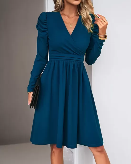 Pleated Solid Color Split-Joint Puff Sleeves Skinny V-Neck Midi Dresses