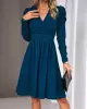 Pleated Solid Color Split-Joint Puff Sleeves Skinny V-Neck Midi Dresses