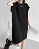 Loose Short Sleeves Asymmetric Zipper Round-Neck Dresses Midi Dresses