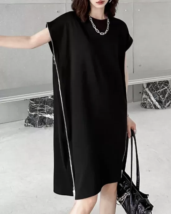 Loose Short Sleeves Asymmetric Zipper Round-Neck Dresses Midi Dresses