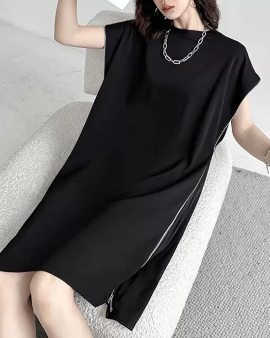 Loose Short Sleeves Asymmetric Zipper Round-Neck Dresses Midi Dresses