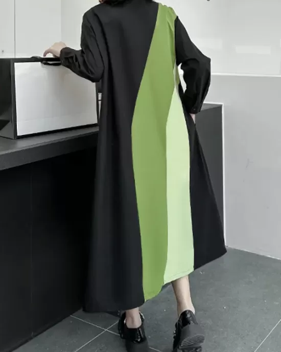 Long Sleeves Loose Asymmetric Buttoned Contrast Color Split-Joint Lapel Midi Dresses Shirt Dress