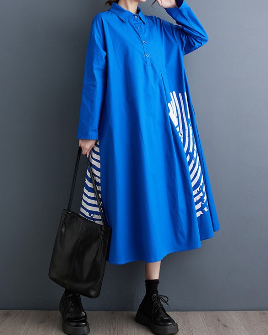 Asymmetric Buttoned Pleated Printed Split-Joint A-Line Long Sleeves Lapel Shirt Dress Midi Dresses