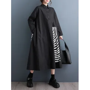 Asymmetric Buttoned Pleated Printed Split-Joint A-Line Long Sleeves Lapel Shirt Dress Midi Dresses