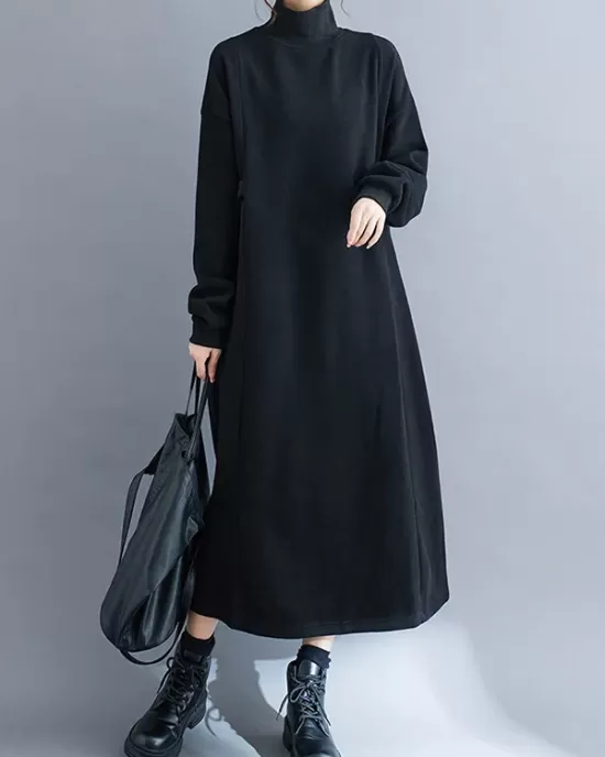 Solid Color A-Line Long Sleeves Mock Neck Midi Dresses