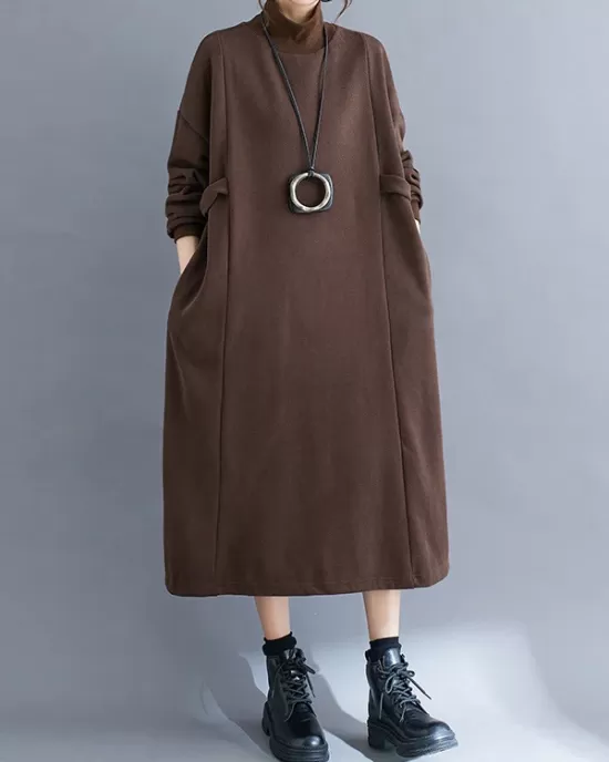 Solid Color A-Line Long Sleeves Mock Neck Midi Dresses