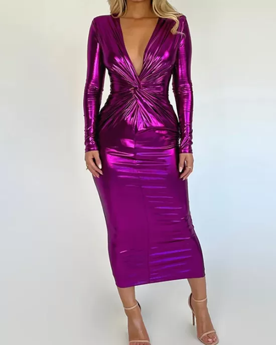 Pleated Shiny Solid Color Split-Joint Bodycon Long Sleeves V-Neck Midi Dresses