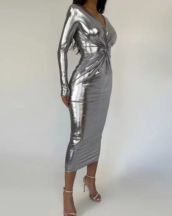 Pleated Shiny Solid Color Split-Joint Bodycon Long Sleeves V-Neck Midi Dresses