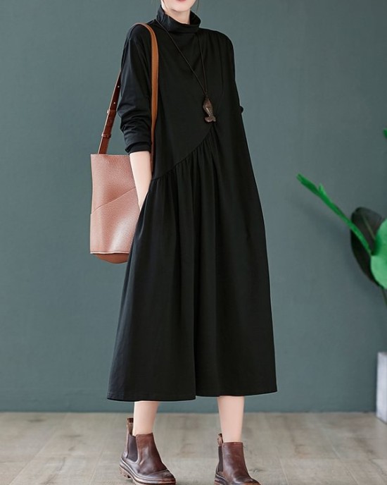 Original Solid High-Neck Knitting Dress