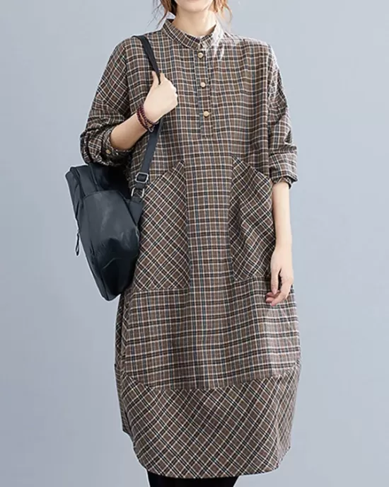 Vintage Plaid Irregularity Shirt Dresses