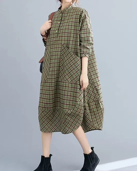 Vintage Plaid Irregularity Shirt Dresses