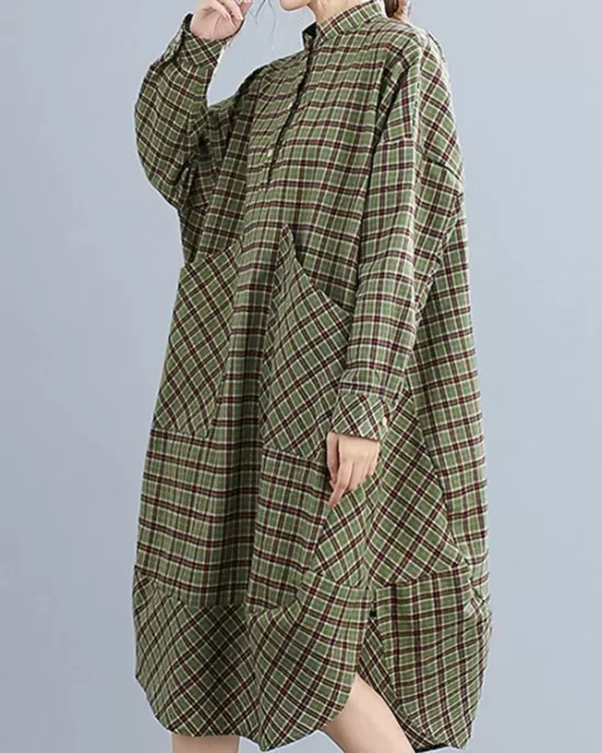 Vintage Plaid Irregularity Shirt Dresses