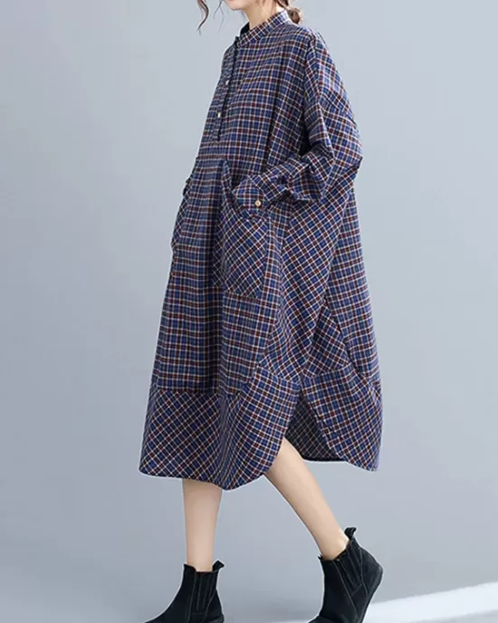 Vintage Plaid Irregularity Shirt Dresses