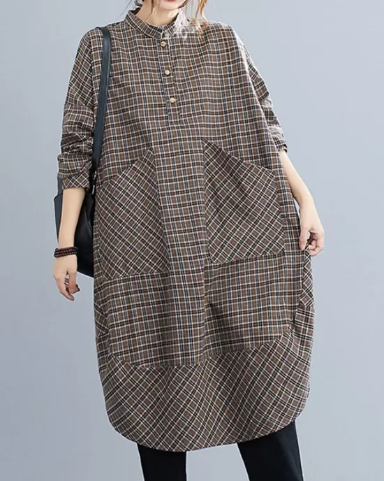 Vintage Plaid Irregularity Shirt Dresses