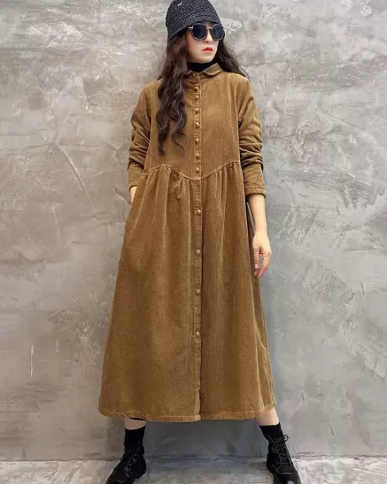 Original Solid Corduroy Lapel Dress