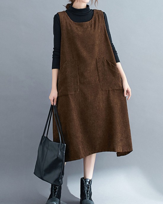 Corduroy Sleeveless Split-Joint Round-Neck Midi Dress