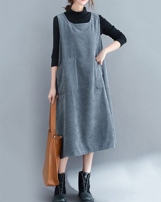 Corduroy Sleeveless Split-Joint Round-Neck Midi Dress