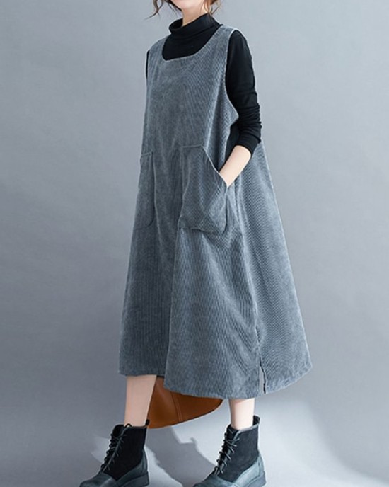 Corduroy Sleeveless Split-Joint Round-Neck Midi Dress