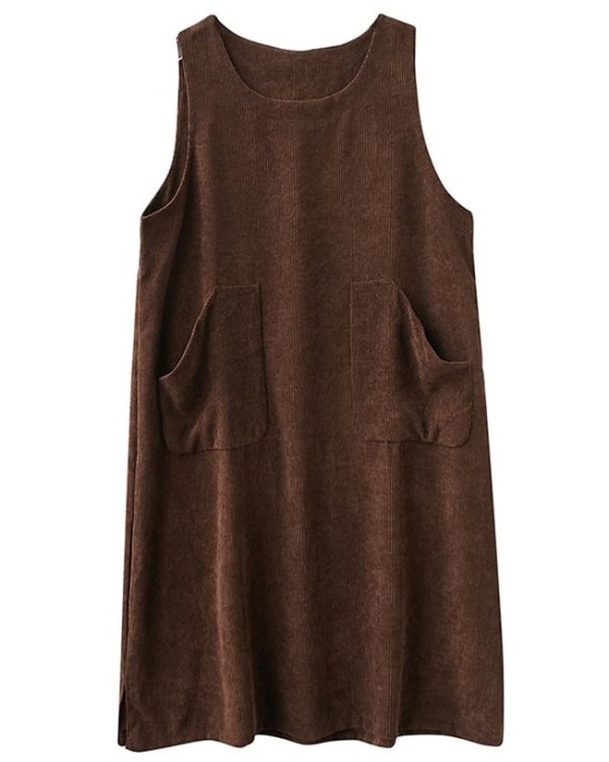 Corduroy Sleeveless Split-Joint Round-Neck Midi Dress